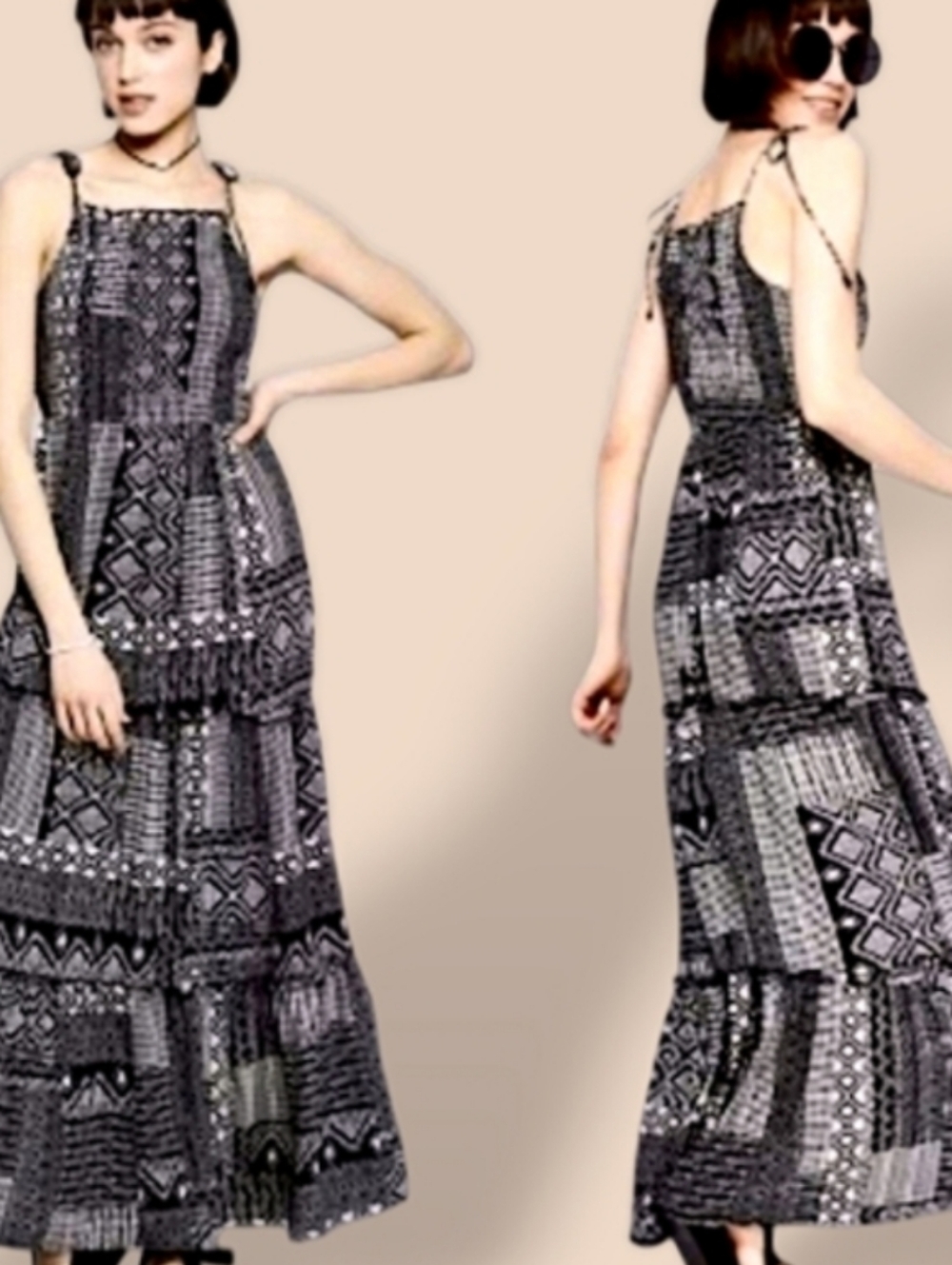👗Black and White Patterned Smocked Bodice Maxi Dress By WILD Fable